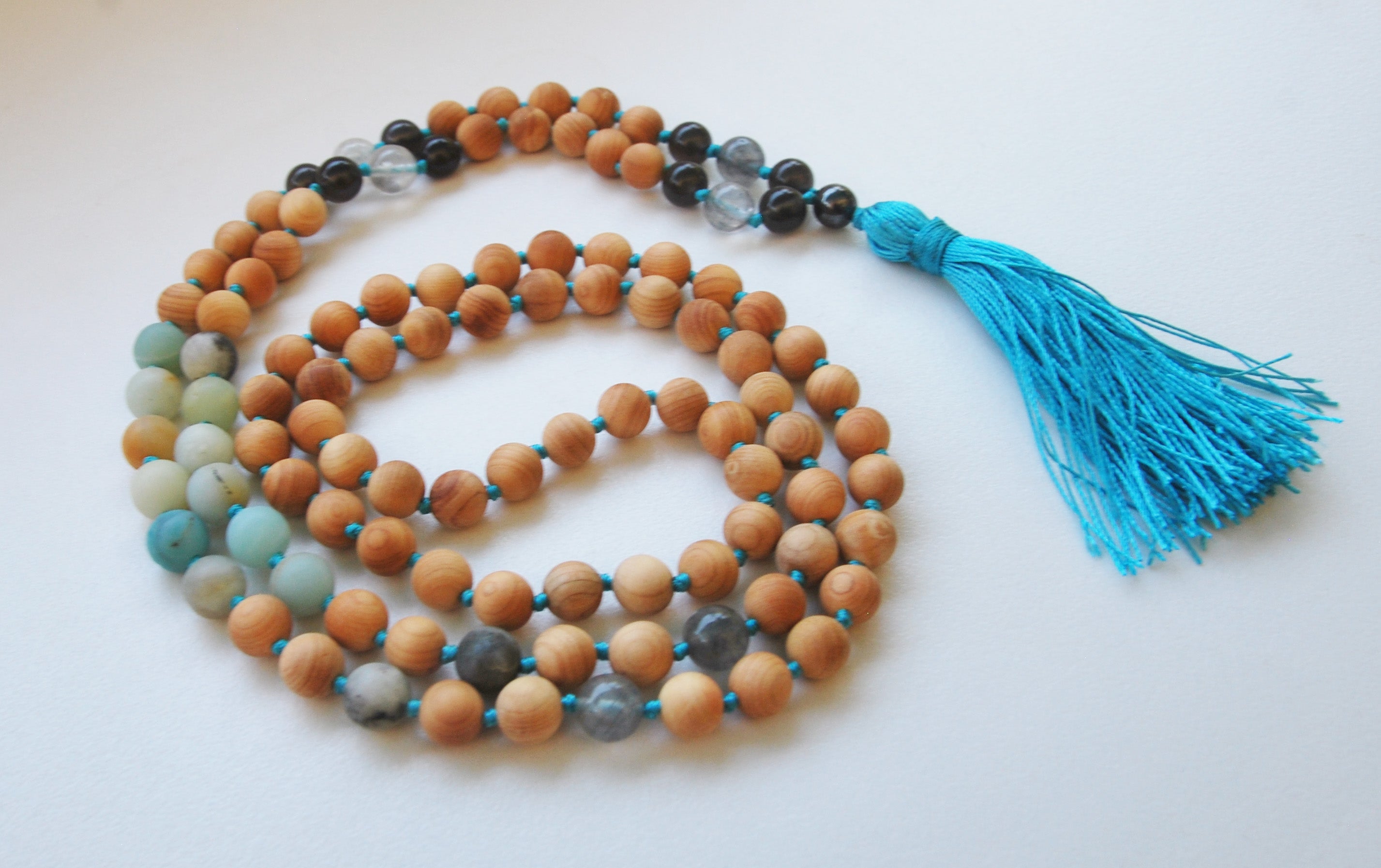 8mm Cypress & Amazonite 108 Knotted Mala Necklace with Colored Tassel