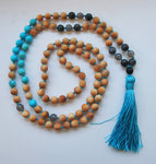 8mm Cypress & Faceted Turquoise 108 Knotted Mala Necklace with Colored Tassel
