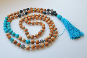 8mm Cypress & Faceted Turquoise 108 Knotted Mala Necklace with Colored Tassel