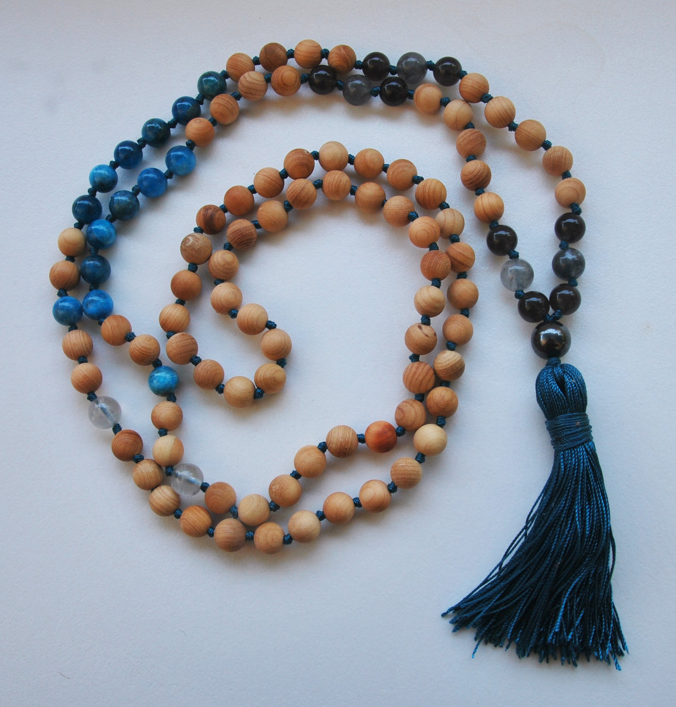 8mm Cypress & Apatite 108 Knotted Mala Necklace with Colored Tassel