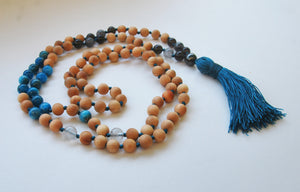 8mm Cypress & Apatite 108 Knotted Mala Necklace with Colored Tassel