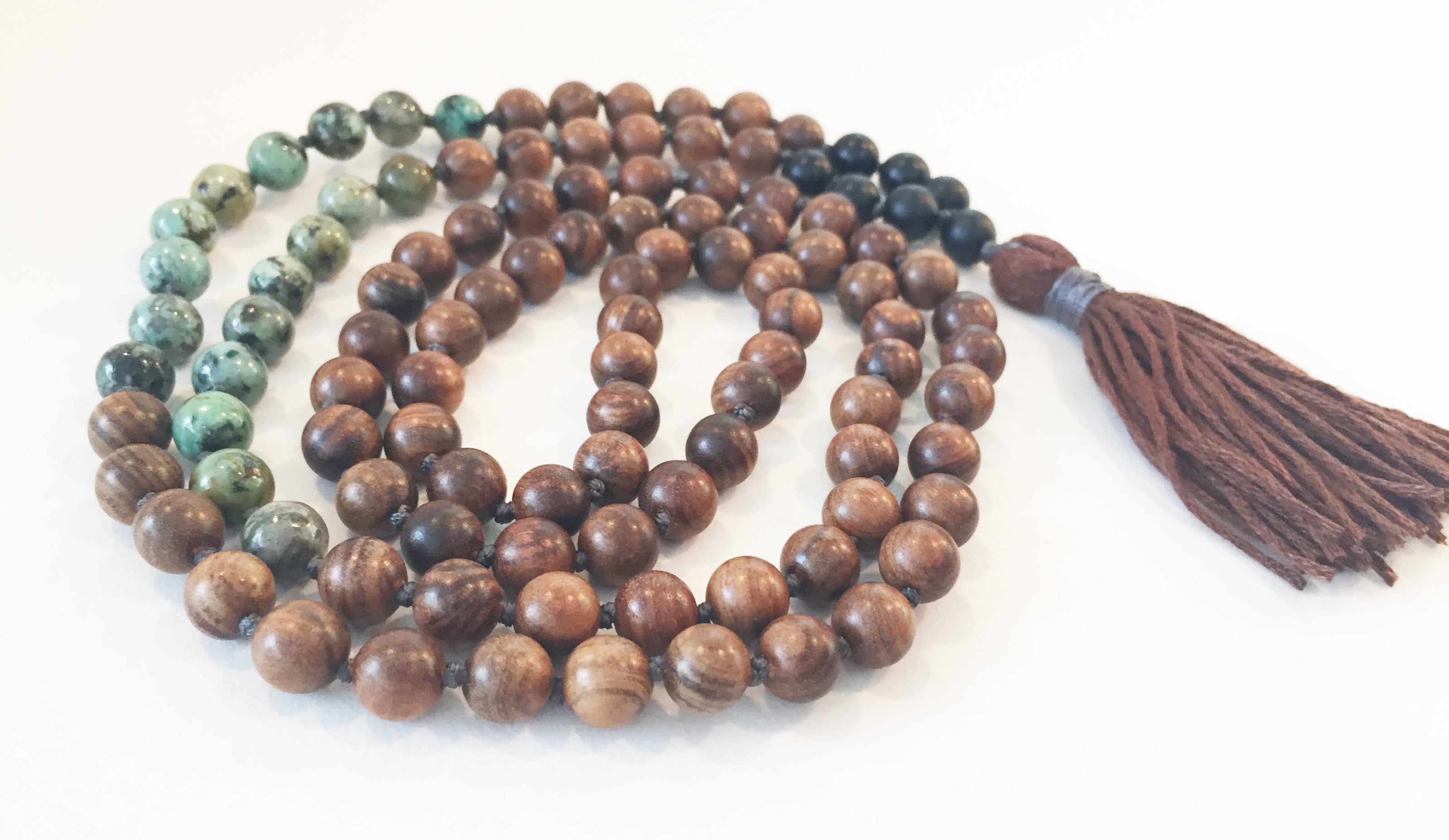8mm Pear Wood & African Turquoise 108 Knotted Mala Necklace with Colored Tassel