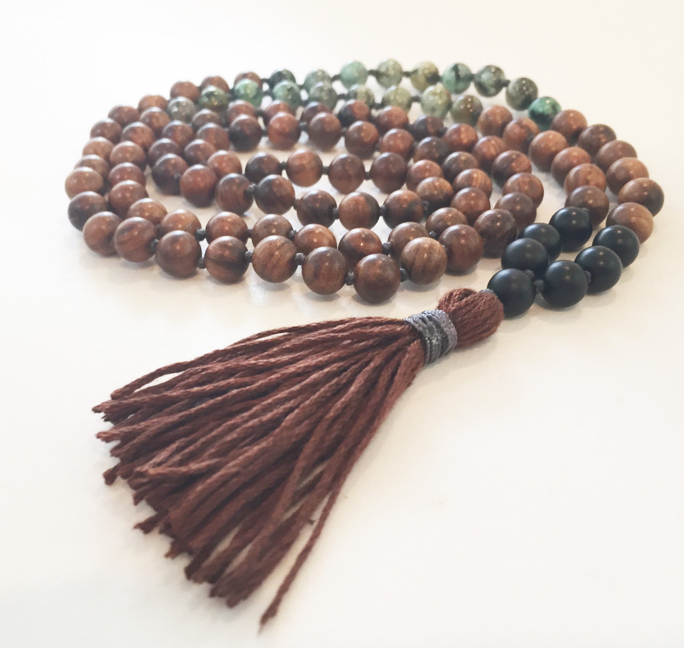 8mm Pear Wood & African Turquoise 108 Knotted Mala Necklace with Colored Tassel