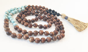 8mm Pear Wood & Blue Turquoise 108 Knotted Mala Necklace with Colored Tassel