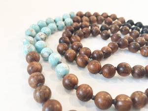8mm Pear Wood & Blue Turquoise 108 Knotted Mala Necklace with Colored Tassel