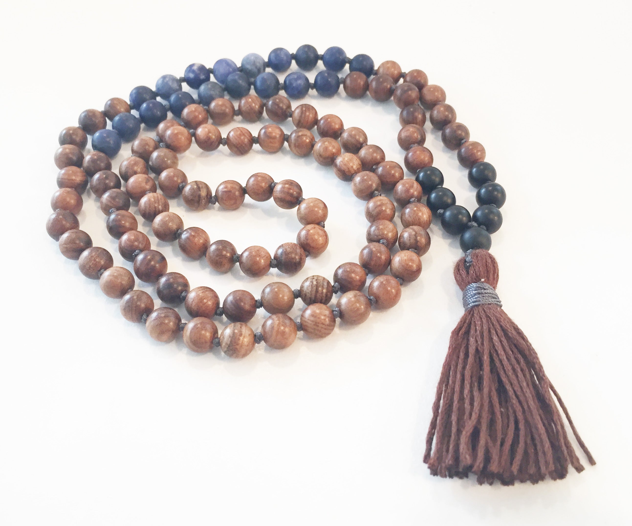 8mm Pear Wood & Matte Sodalite 108 Knotted Mala Necklace with Colored Tassel