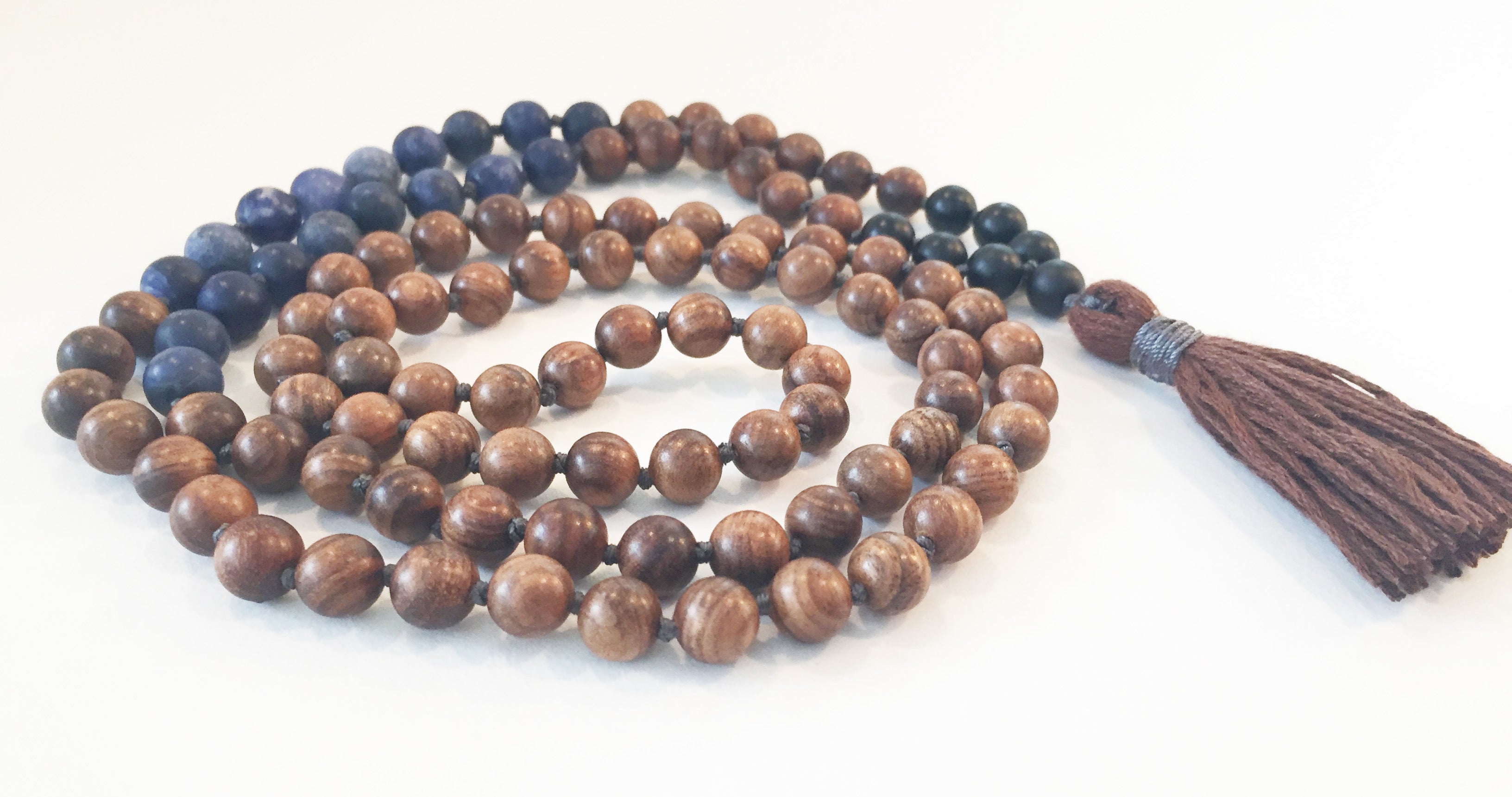 8mm Pear Wood & Matte Sodalite 108 Knotted Mala Necklace with Colored Tassel