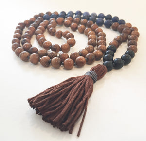 8mm Pear Wood & Matte Sodalite 108 Knotted Mala Necklace with Colored Tassel