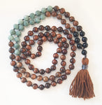 8mm Pear Wood & Matte Jade 108 Knotted Mala Necklace with Colored Tassel