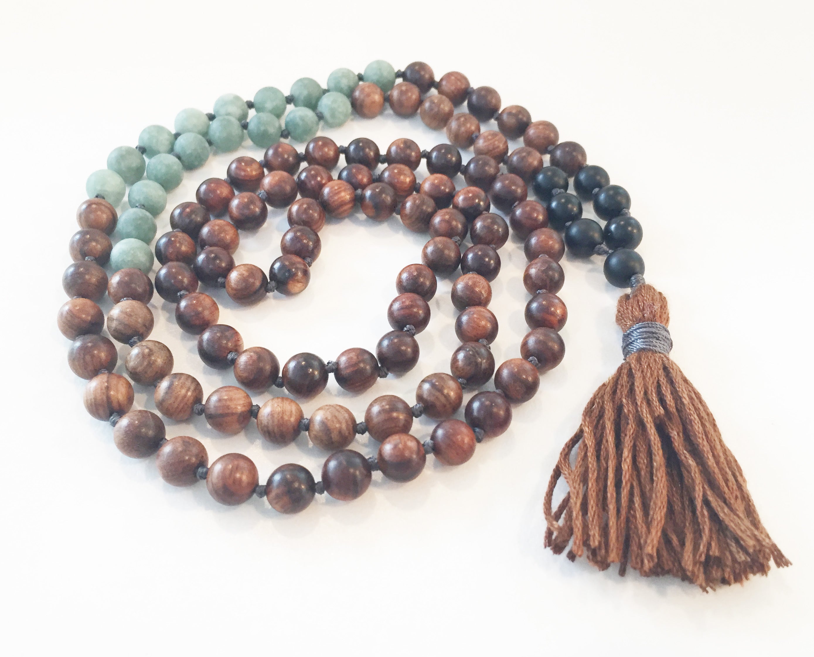 8mm Pear Wood & Matte Jade 108 Knotted Mala Necklace with Colored Tassel
