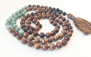 8mm Pear Wood & Matte Jade 108 Knotted Mala Necklace with Colored Tassel