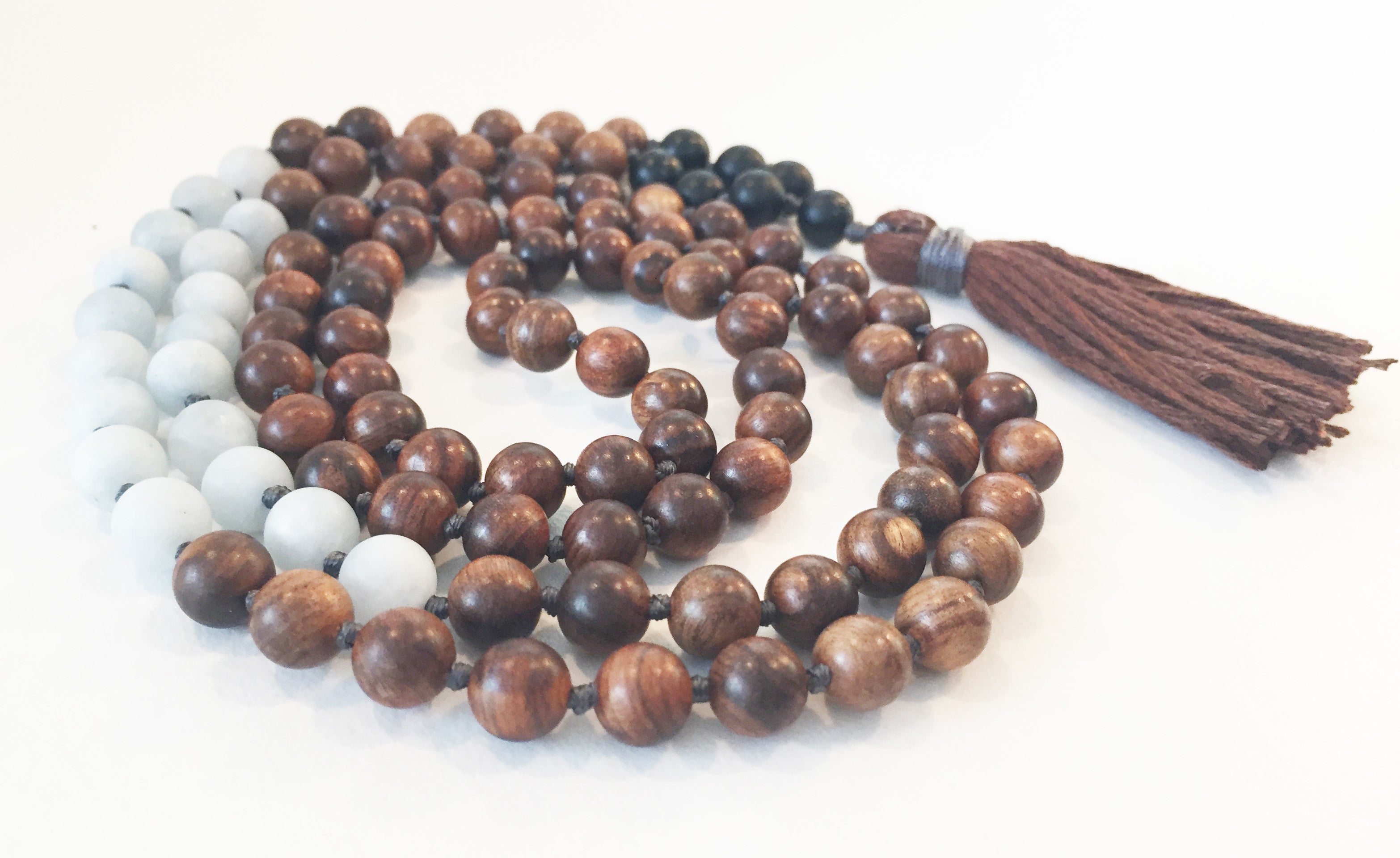 8mm Pear Wood & Matte Aquamarine 108 Knotted Mala Necklace with Colored Tassel