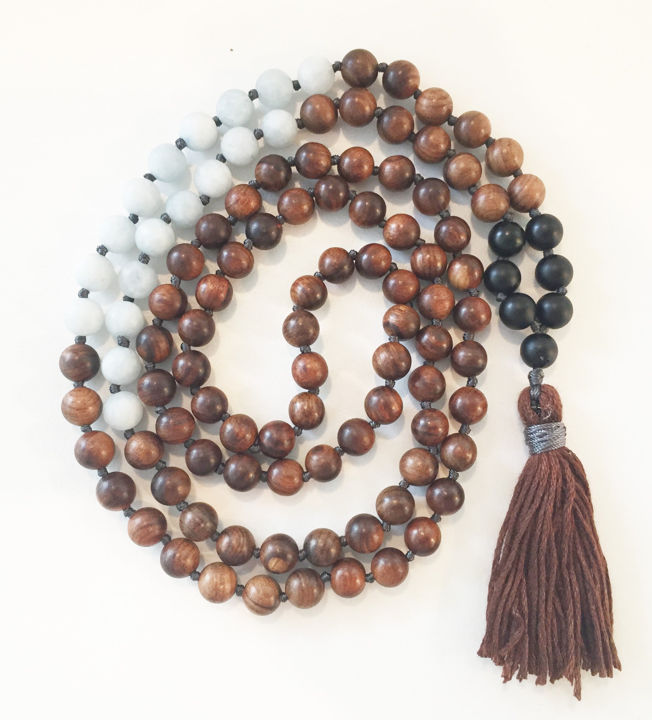 8mm Pear Wood & Matte Aquamarine 108 Knotted Mala Necklace with Colored Tassel