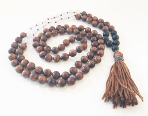 8mm Pear Wood & Rose Quartz 108 Knotted Mala Necklace with Colored Tassel