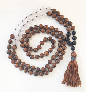 8mm Pear Wood & Rose Quartz 108 Knotted Mala Necklace with Colored Tassel