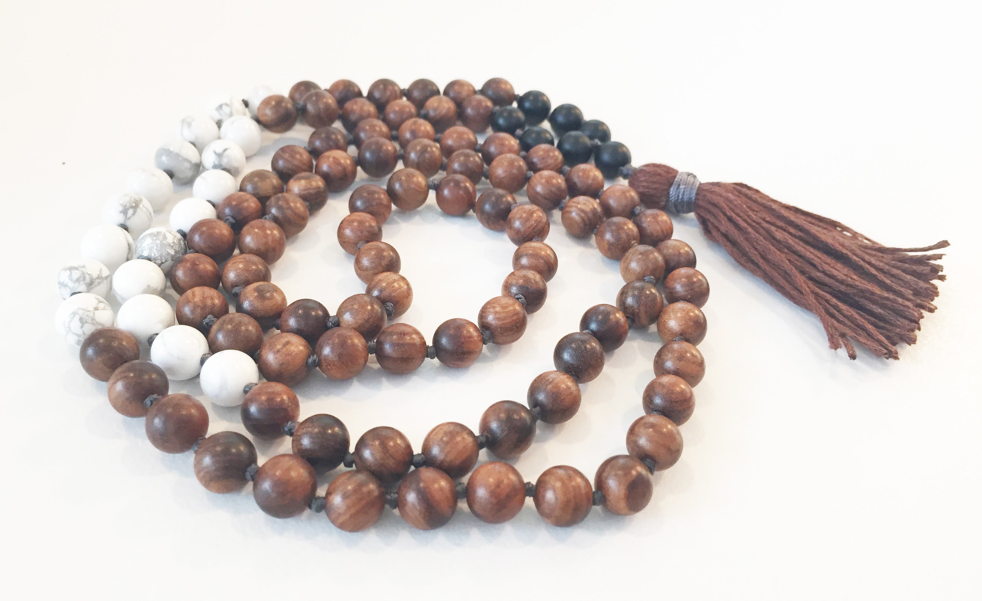 8mm Pear Wood & Howlite 108 Knotted Mala Necklace with Colored Tassel
