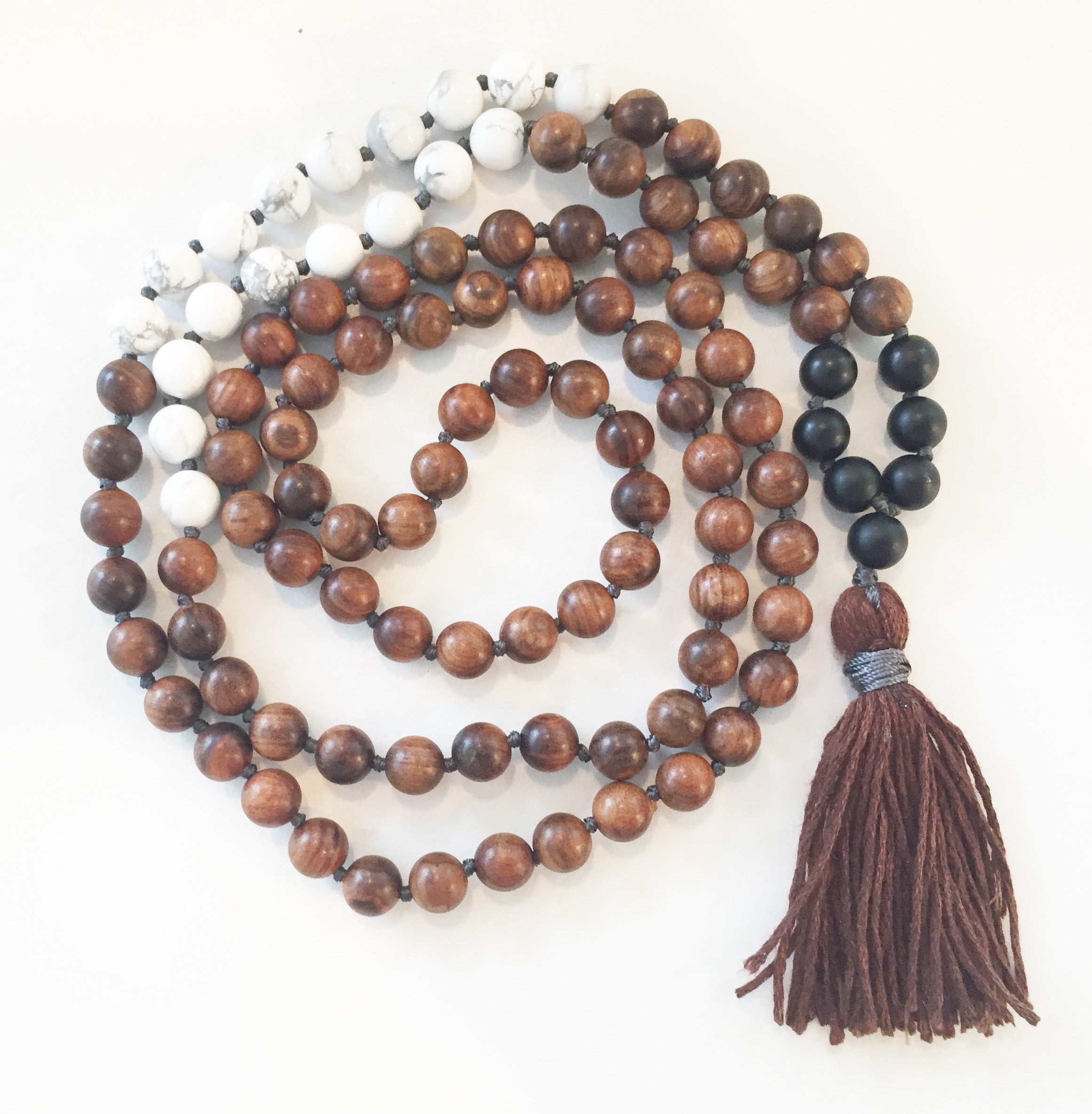 8mm Pear Wood & Howlite 108 Knotted Mala Necklace with Colored Tassel
