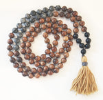 8mm Pear Wood & Matte Larkavite 108 Knotted Mala Necklace with Colored Tassel