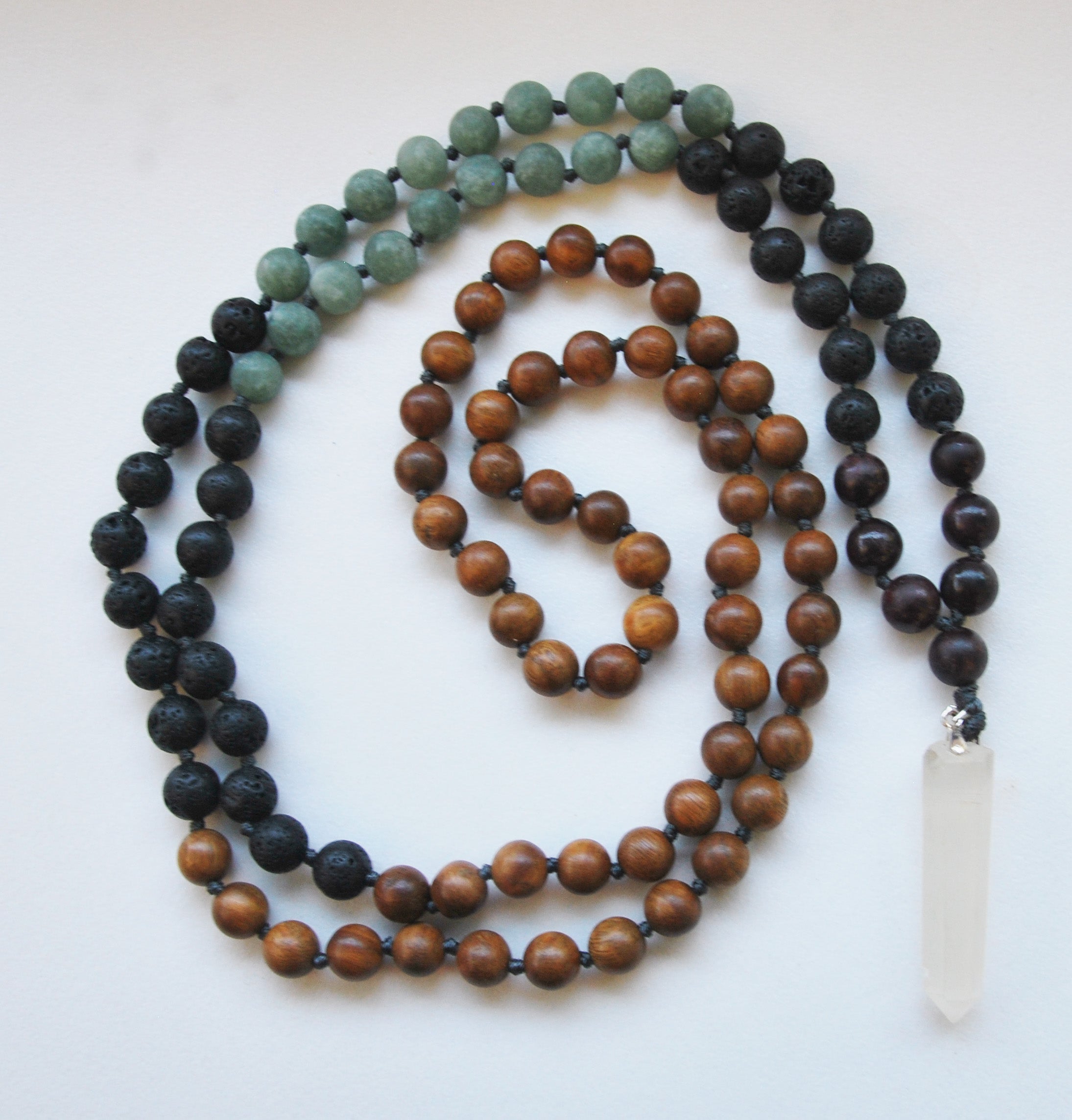 8mm Green Sandalwood & Matte Jade 108 Knotted Mala Necklace with Crystal Pendant