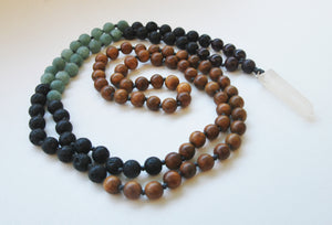 8mm Green Sandalwood & Matte Jade 108 Knotted Mala Necklace with Crystal Pendant