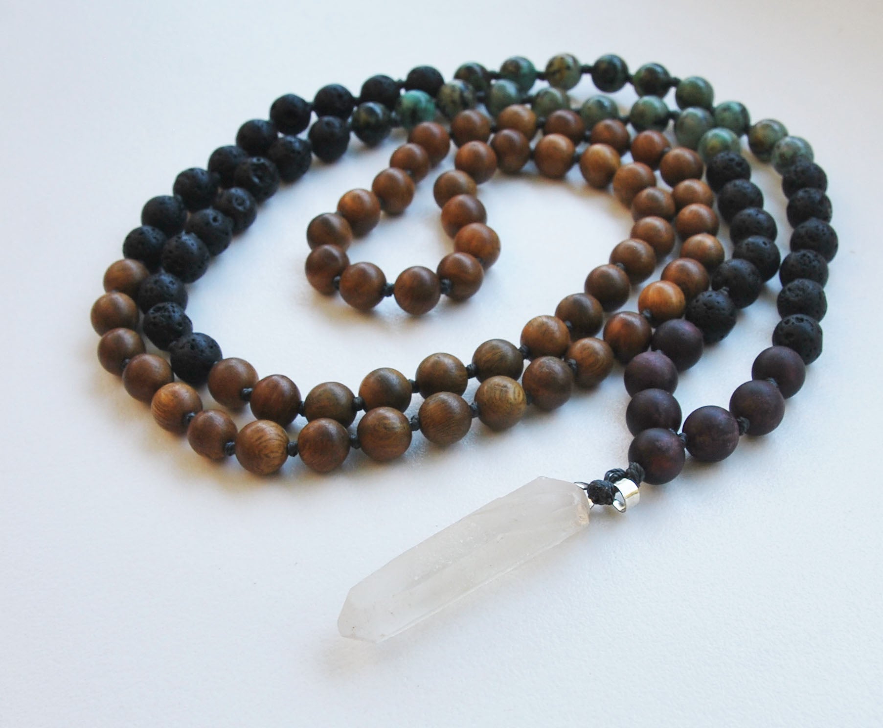 8mm Green Sandalwood & African Turquoise 108 Knotted Mala Necklace with Crystal Pendant