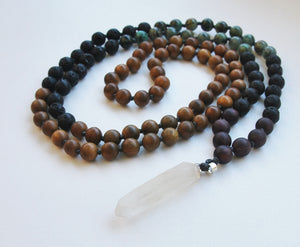 8mm Green Sandalwood & African Turquoise 108 Knotted Mala Necklace with Crystal Pendant