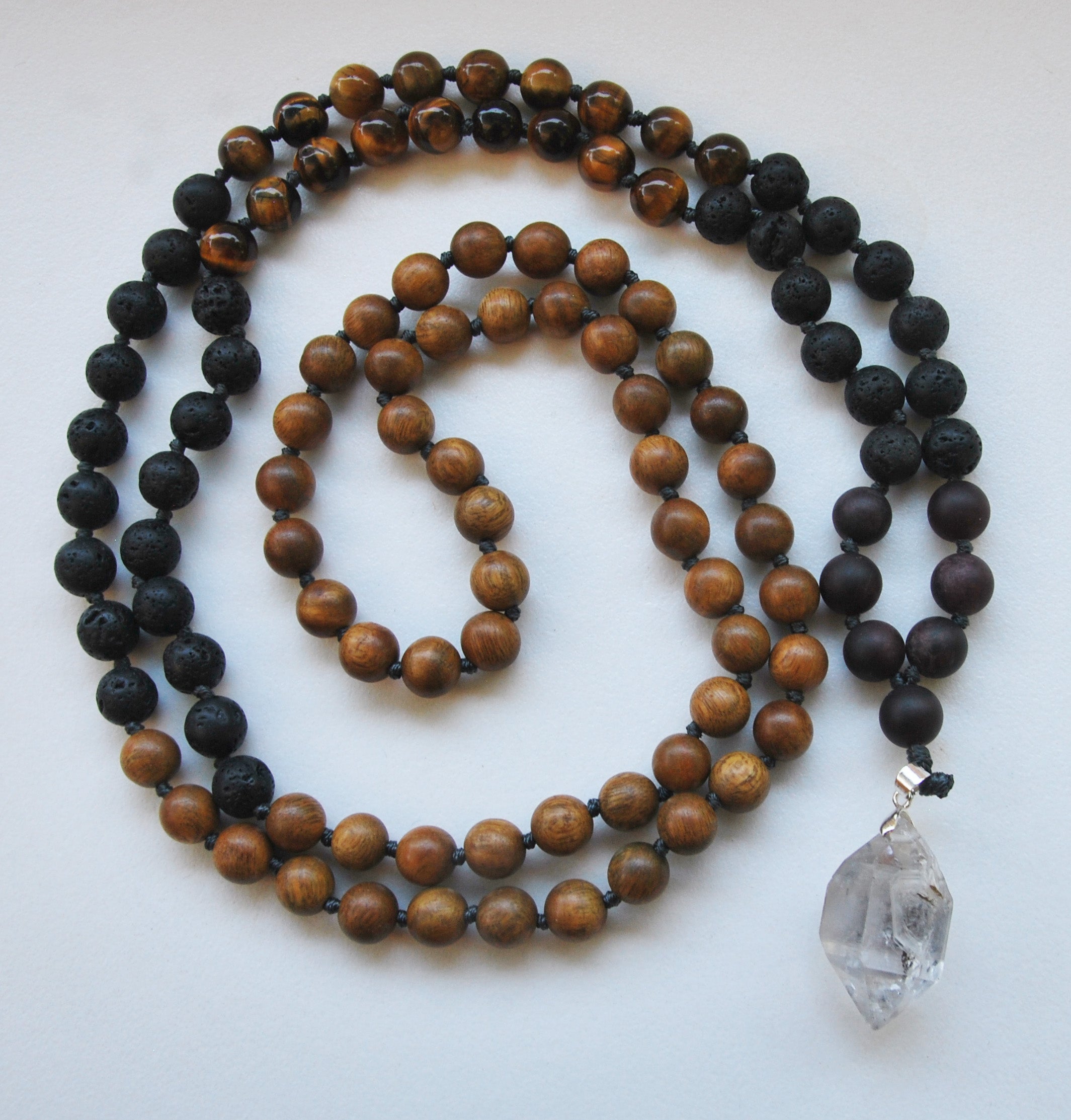 8mm Green Sandalwood & Tigers Eye 108 Knotted Mala Necklace with Crystal Pendant