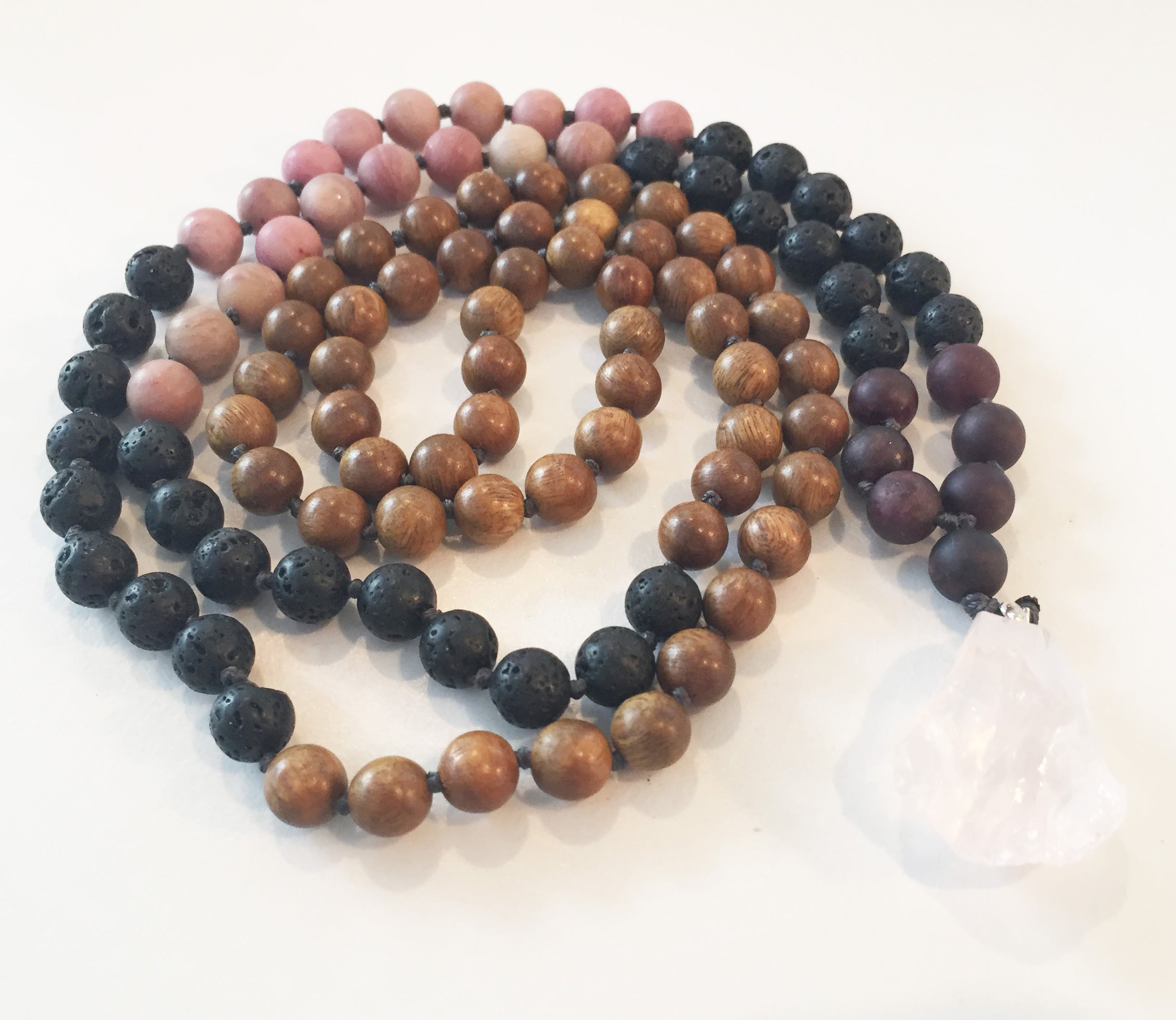 8mm Green Sandalwood & Rhodonite 108 Knotted Mala Necklace with Crystal Pendant