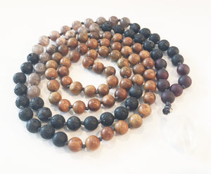 8mm Green Sandalwood & Grey Sunstone 108 Knotted Mala Necklace with Crystal Pendant
