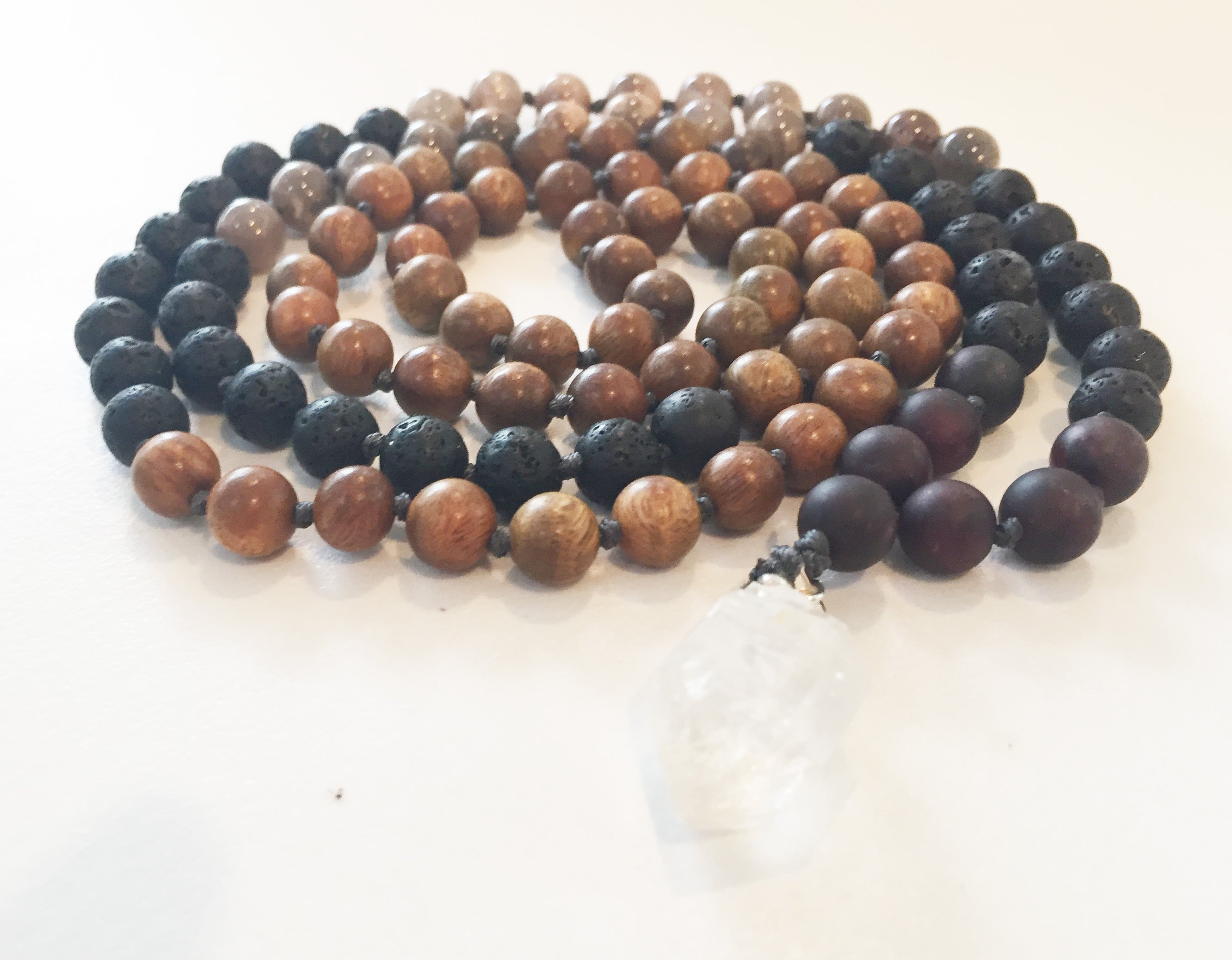 8mm Green Sandalwood & Grey Sunstone 108 Knotted Mala Necklace with Crystal Pendant