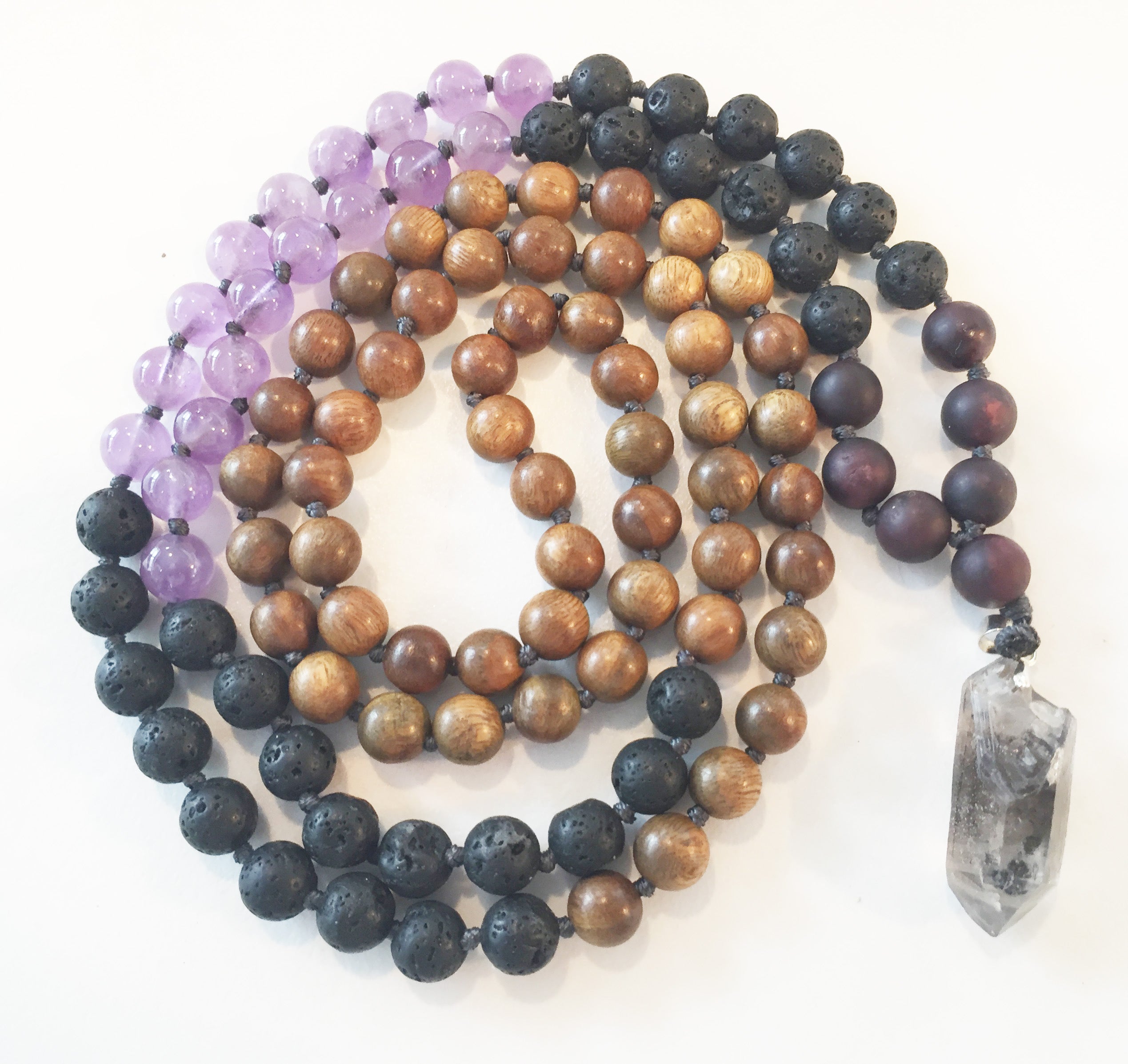 8mm Green Sandalwood & Amethyst 108 Knotted Mala Necklace with Crystal Pendant