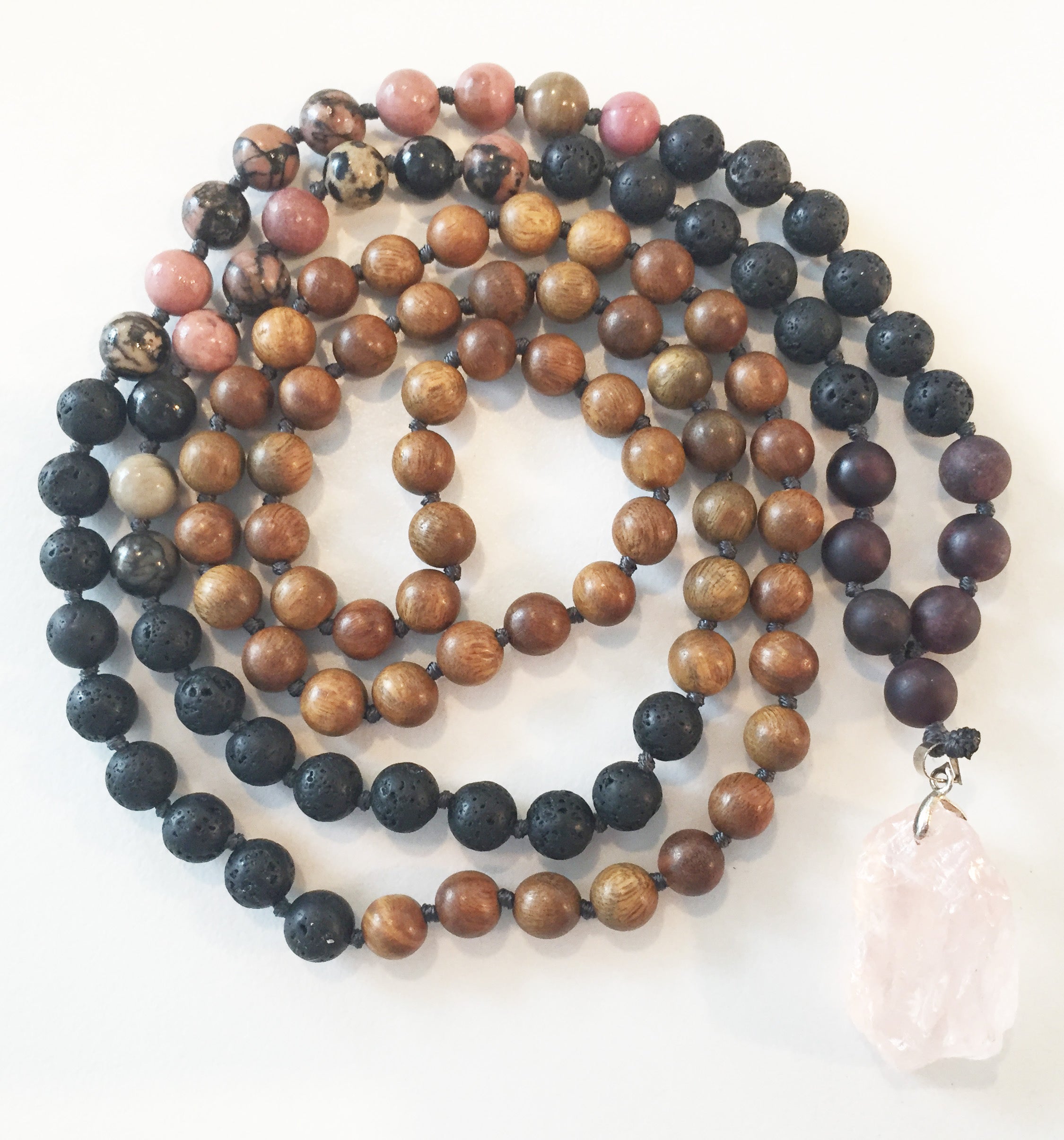 8mm Green Sandalwood & Rhodonite 108 Knotted Mala Necklace with Crystal Pendant