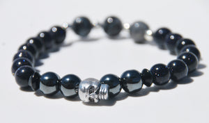 8mm Blue Sandstone, Hematite & Labradorite Stretch Bracelet with Skull