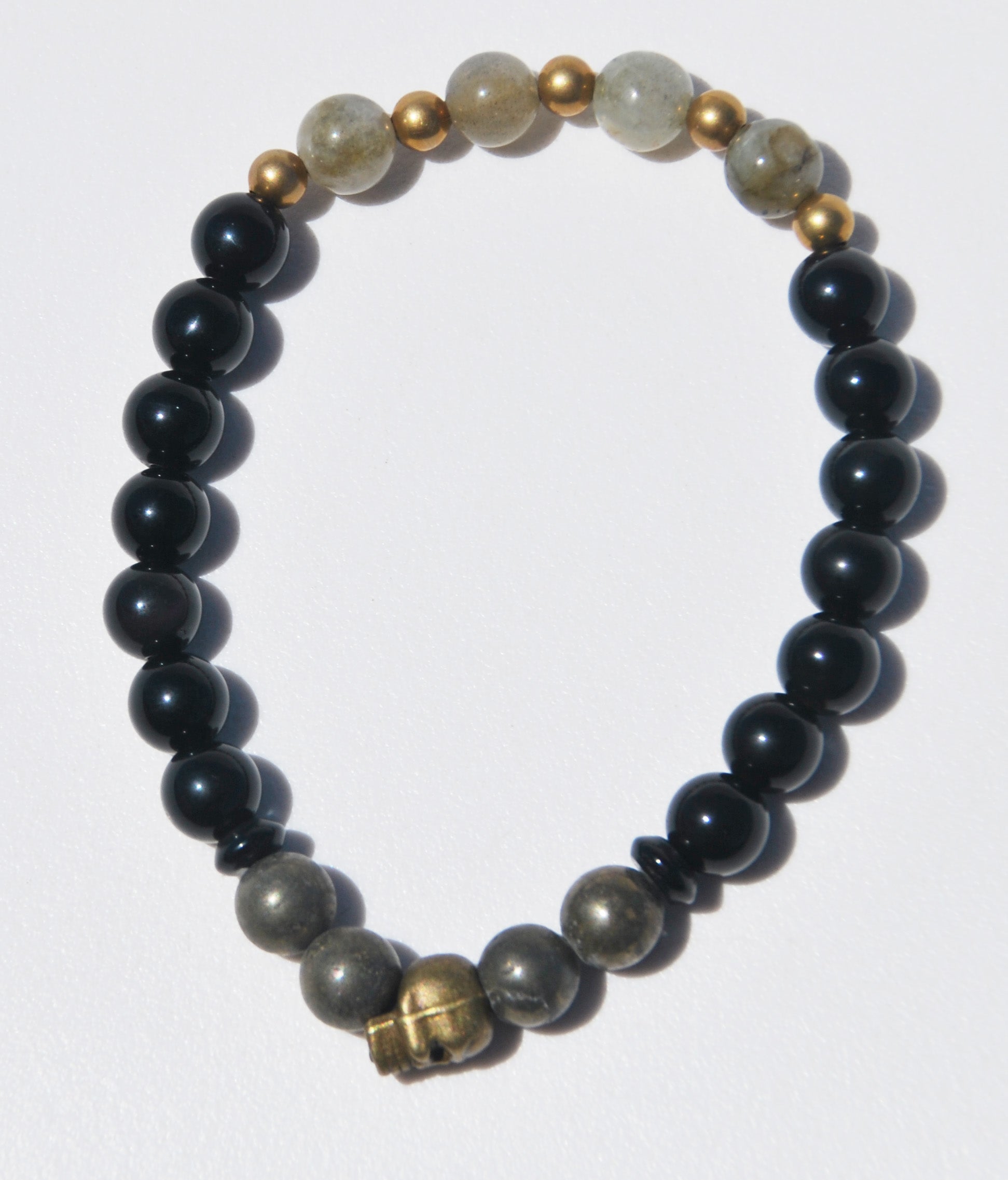 8mm Obsidian, Hematite & Labradorite Stretch Bracelet with Skull
