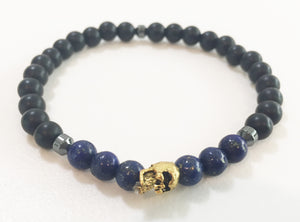 6mm Matte Obsidian & Lapis Lazuli Stretch Bracelet with Skull