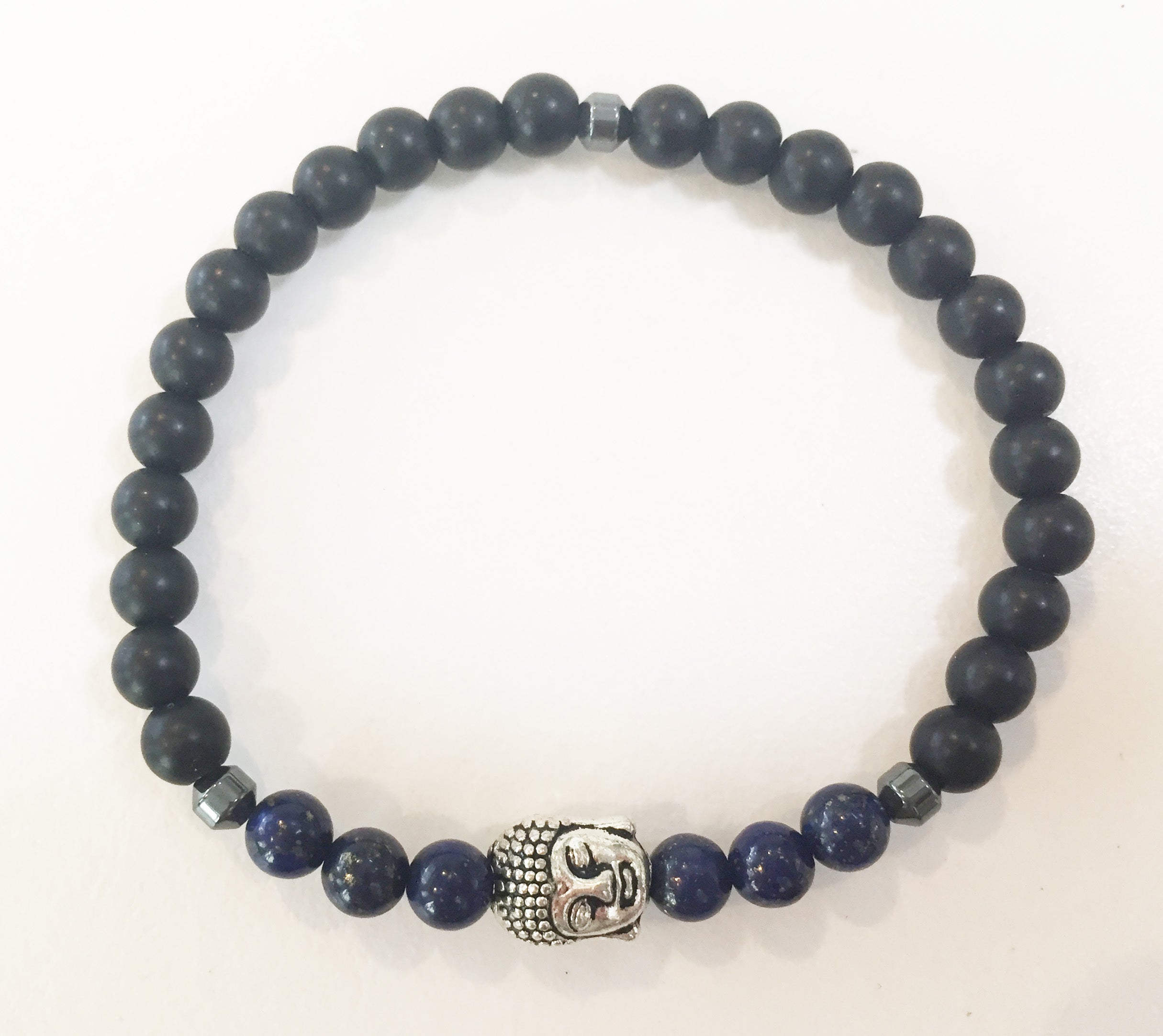 6mm Matte Obsidian & Lapis Stretch Bracelet with Buddha Head
