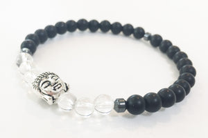 6mm Matte Obsidian & Quartz Crystal Stretch Bracelet with Buddha Head