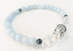 6mm Aquamarine & Quartz Crystal Stretch Bracelet with Buddha Head
