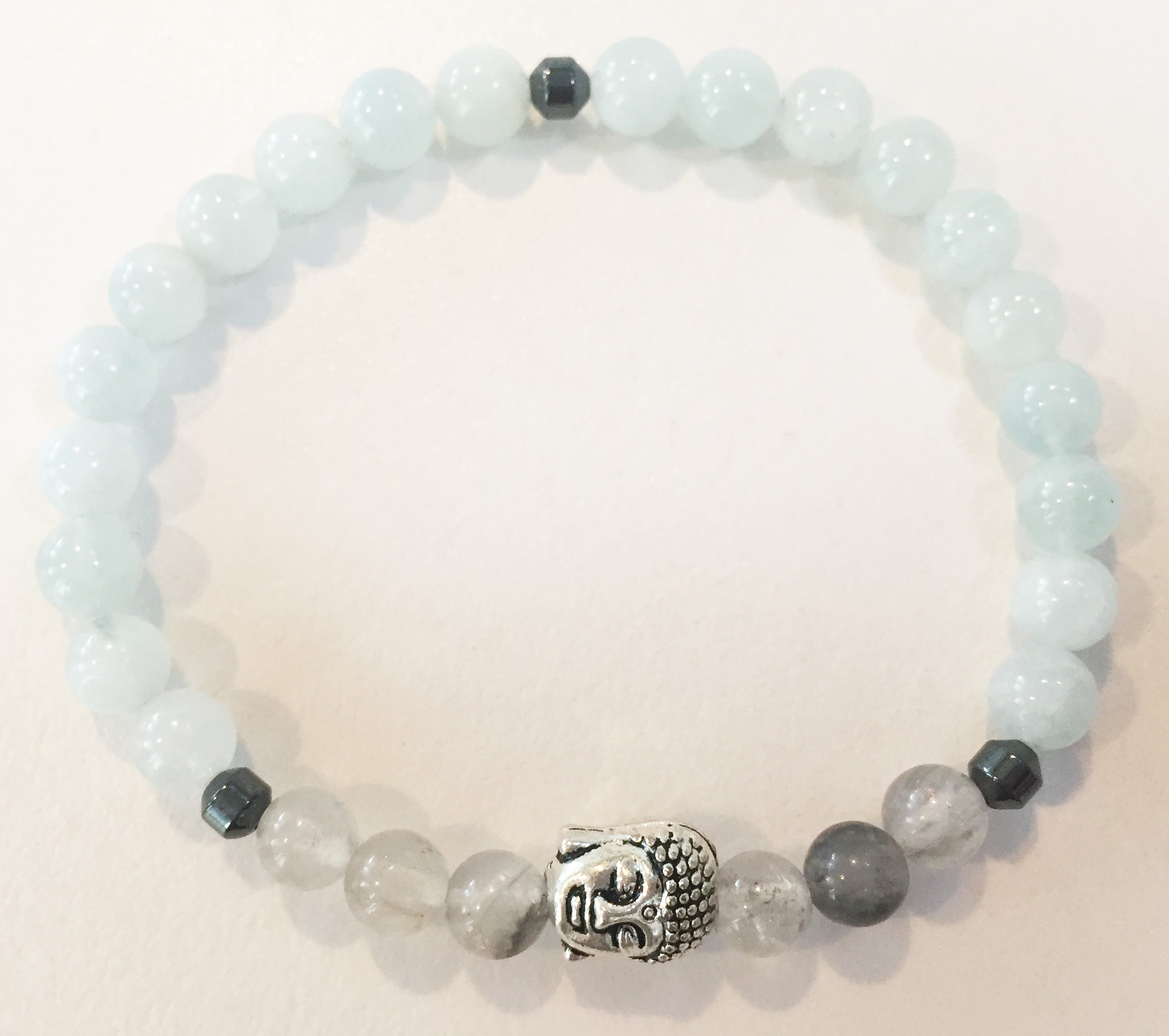 6mm Aquamarine & Smokey Quartz Crystal Stretch Bracelet with Buddha Head