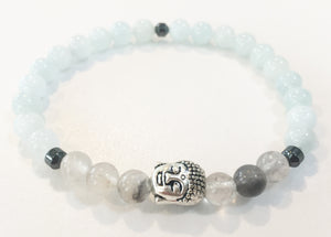 6mm Aquamarine & Smokey Quartz Crystal Stretch Bracelet with Buddha Head