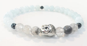 6mm Aquamarine & Smokey Quartz Crystal Stretch Bracelet with Buddha Head
