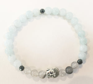 6mm Aquamarine & Smokey Quartz Crystal Stretch Bracelet with Buddha Head