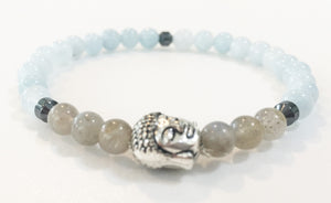 6mm Aquamarine & Labradorite Stretch Bracelet with Buddha Head