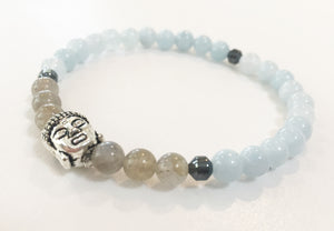 6mm Aquamarine & Labradorite Stretch Bracelet with Buddha Head