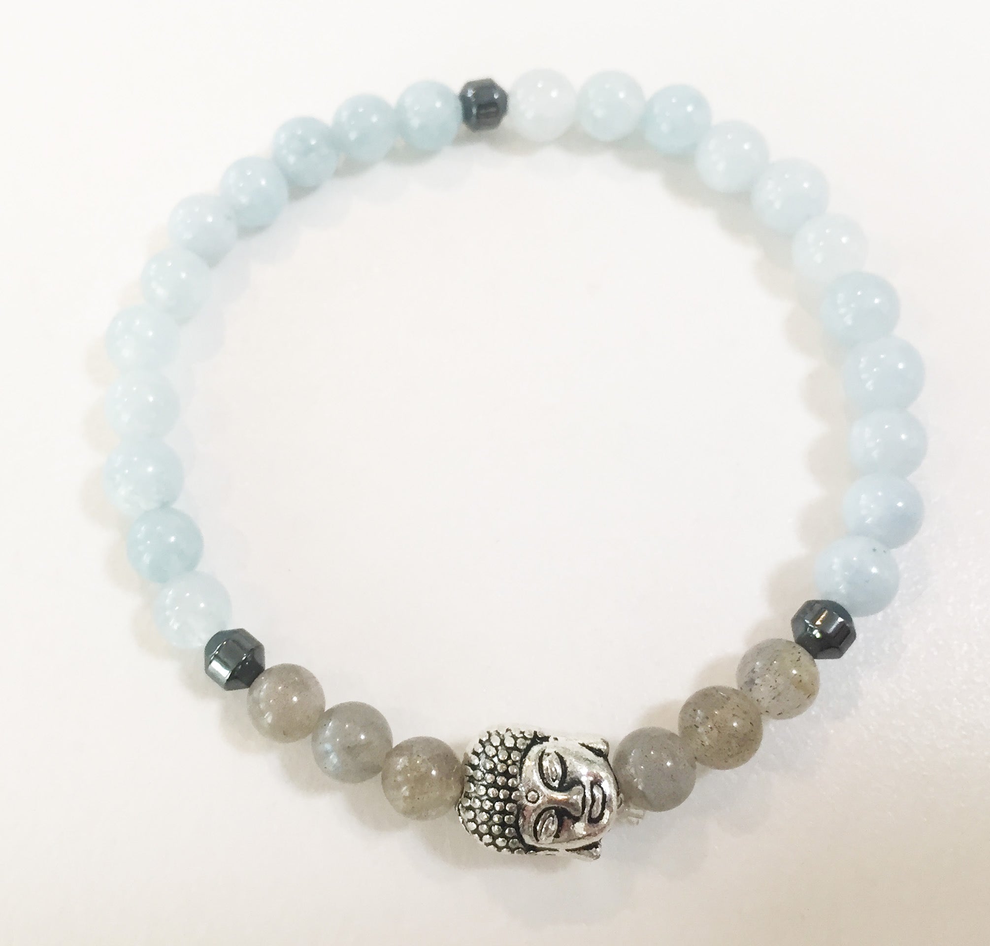 6mm Aquamarine & Labradorite Stretch Bracelet with Buddha Head