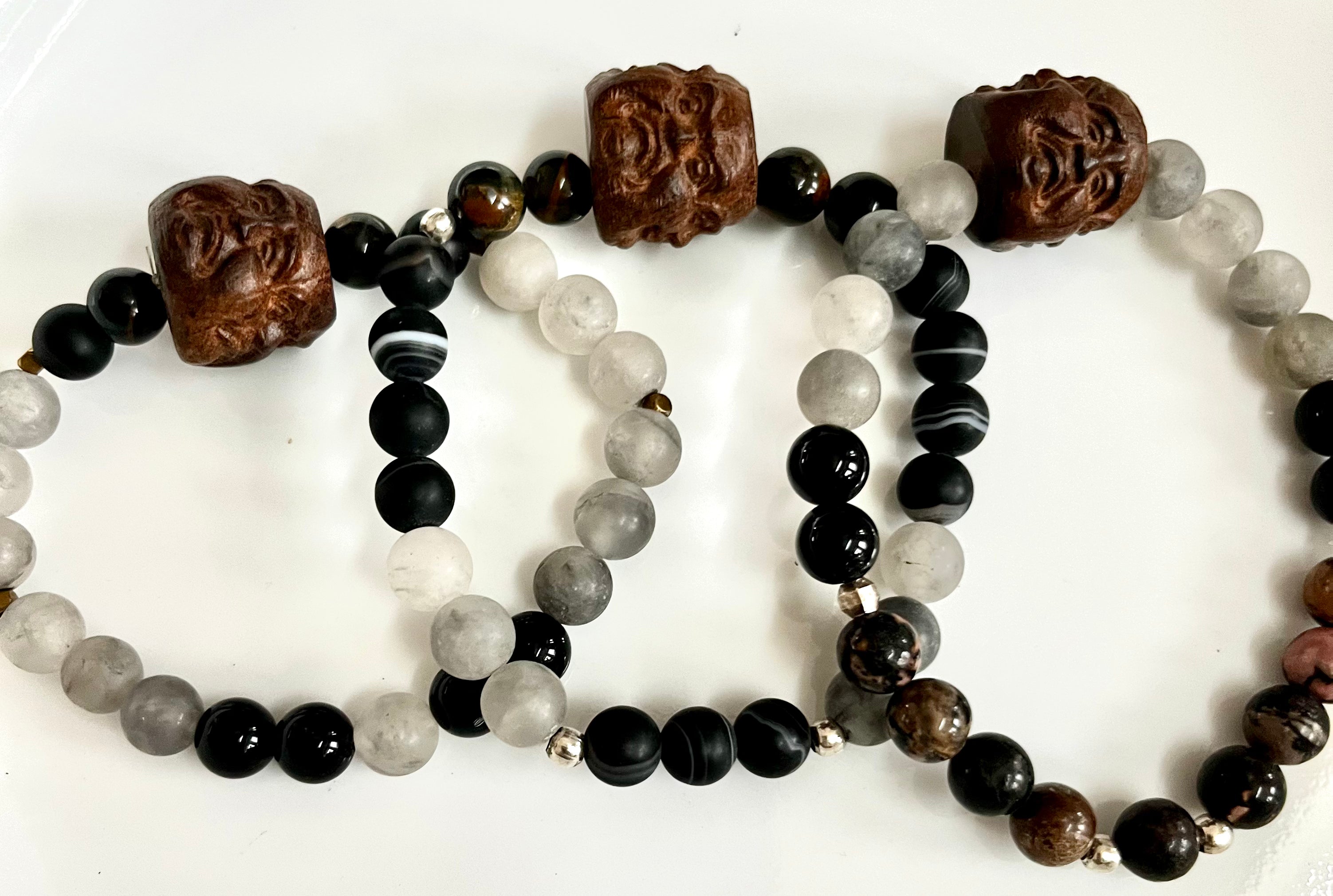 Sale Agar Wood Carved Buddha Head Bead Wrist malas in blacks