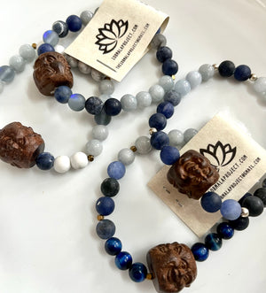 Sale Agar Wood Carved Buddha Head Bead Wrist malas in blues