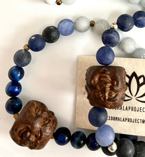 Sale Agar Wood Carved Buddha Head Bead Wrist malas in blues